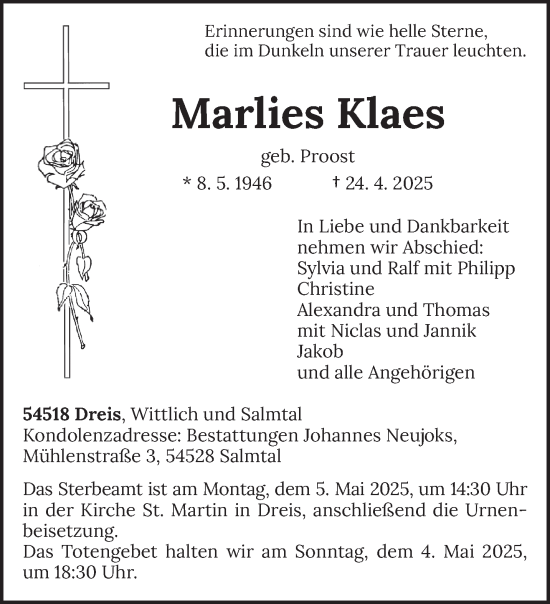 Todesanzeige von Marlies Klaes von trierischer_volksfreund