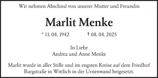 Todesanzeige von Marlit Menke von trierischer_volksfreund