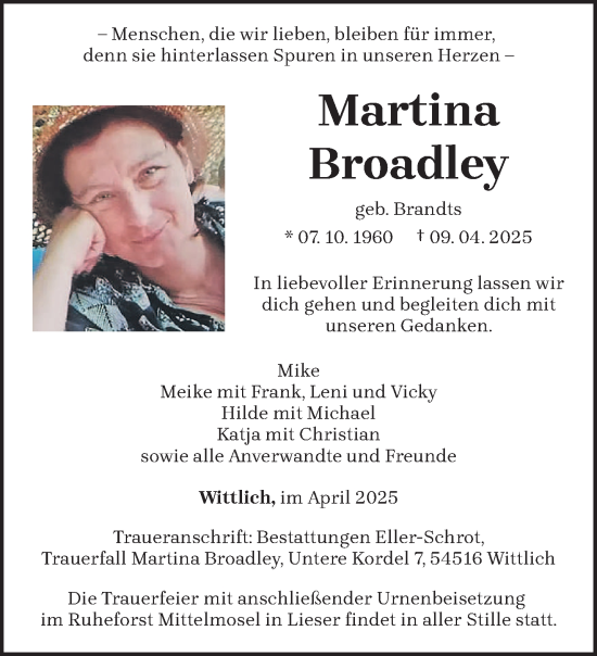 Todesanzeige von Martina Broadley von trierischer_volksfreund