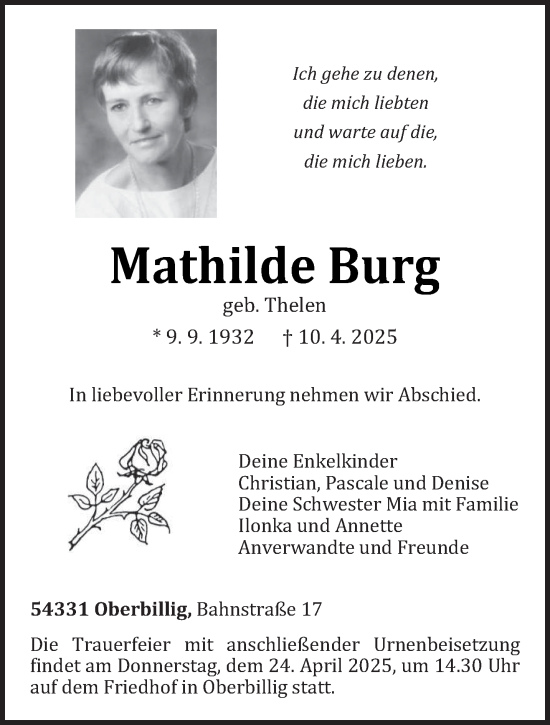 Todesanzeige von Mathilde Burg von trierischer_volksfreund