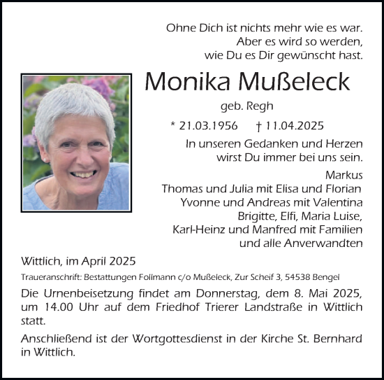 Todesanzeige von Monika Mußeleck von trierischer_volksfreund