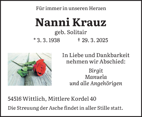 Todesanzeige von Nanni Krauz von trierischer_volksfreund