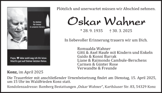Todesanzeige von Oskar Wahner von trierischer_volksfreund