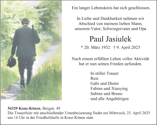 Todesanzeige von Paul Jasiulek von trierischer_volksfreund