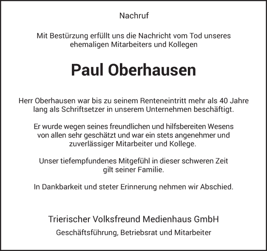 Todesanzeige von Paul Oberhausen von trierischer_volksfreund