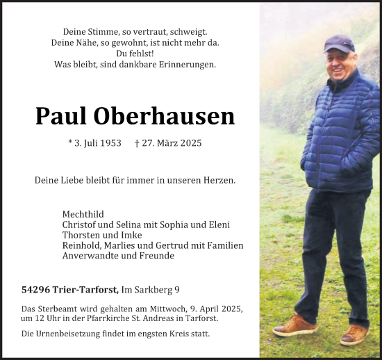 Todesanzeige von Paul Oberhausen von trierischer_volksfreund