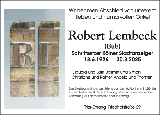 Todesanzeige von Robert Lembeck von trierischer_volksfreund
