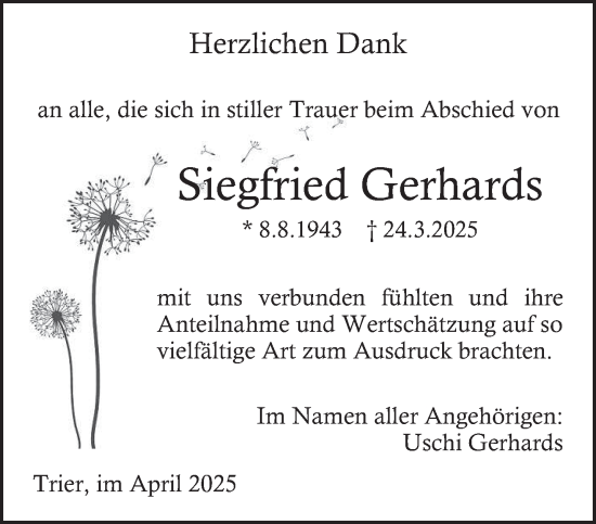 Todesanzeige von Siegfried Gerhards von trierischer_volksfreund