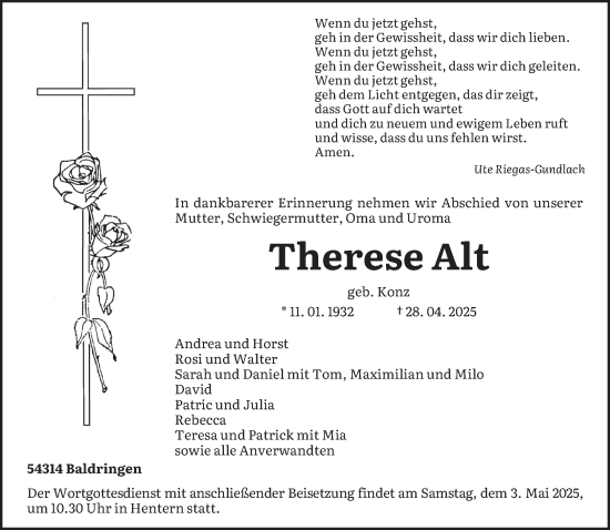 Todesanzeige von Therese Alt von trierischer_volksfreund