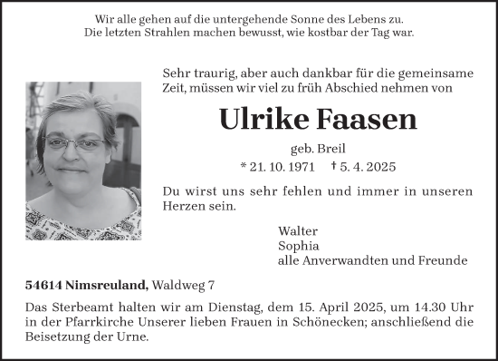 Todesanzeige von Ulrike Faasen von trierischer_volksfreund