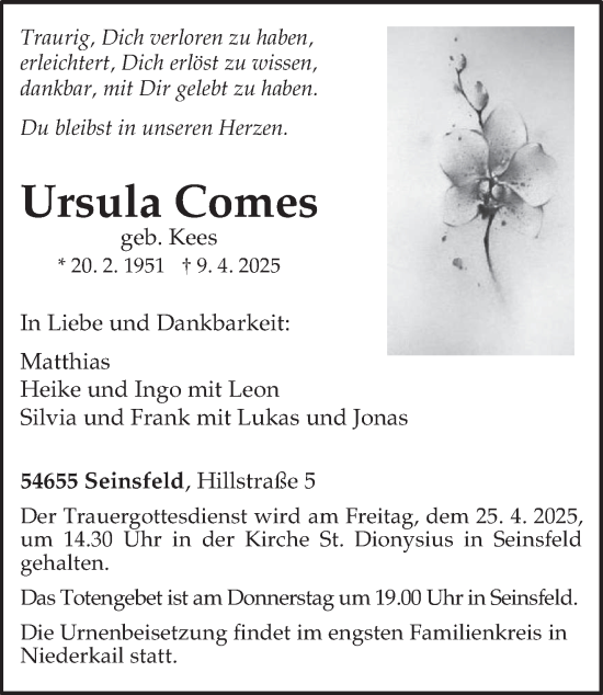 Todesanzeige von Ursula Comes von trierischer_volksfreund
