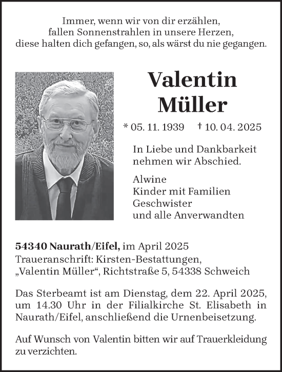 Todesanzeige von Valentin Müller von trierischer_volksfreund