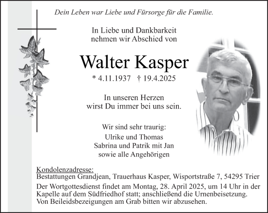 Todesanzeige von Walter Kasper von trierischer_volksfreund