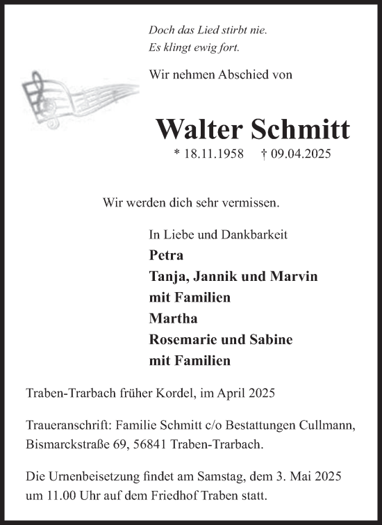 Todesanzeige von Walter Schmitt von trierischer_volksfreund