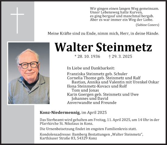 Todesanzeige von Walter Steinmetz von trierischer_volksfreund