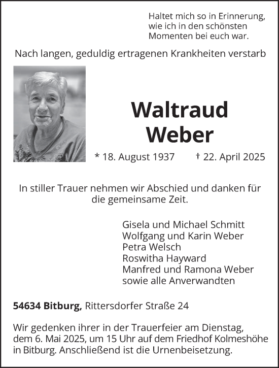 Todesanzeige von Waltraud Weber von trierischer_volksfreund