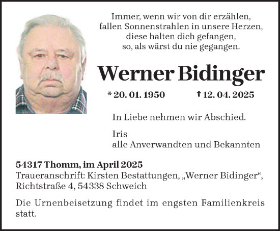 Todesanzeige von Werner Bidinger von trierischer_volksfreund