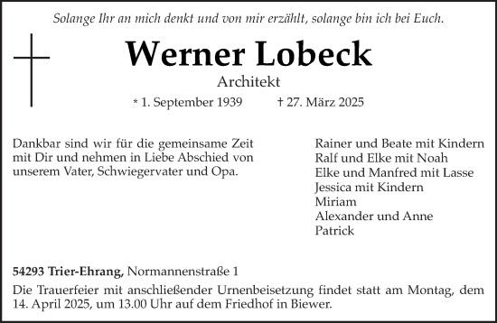 Todesanzeige von Werner Lobeck von trierischer_volksfreund
