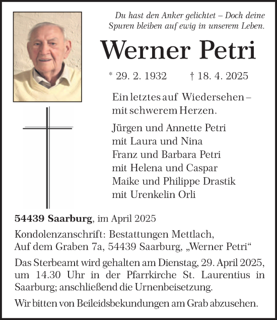 Todesanzeige von Werner Petri von trierischer_volksfreund