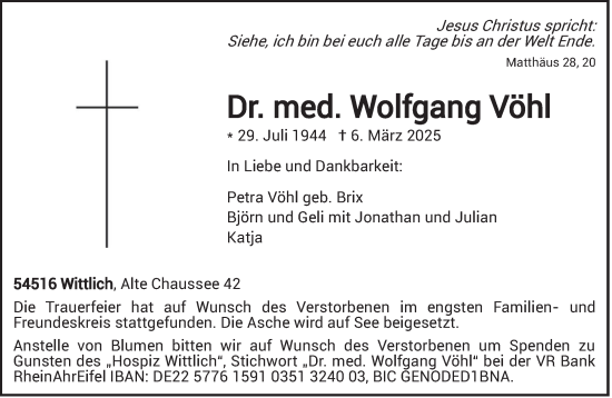 Todesanzeige von Wolfgang Vöhl von trierischer_volksfreund