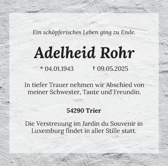 Todesanzeige von Adelheid Rohr von trierischer_volksfreund