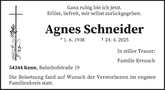 Todesanzeige von Agnes Schneider von trierischer_volksfreund