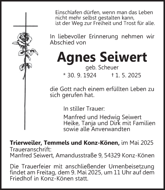 Todesanzeige von Agnes Seiwert von trierischer_volksfreund
