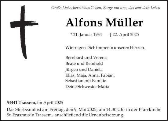 Todesanzeige von Alfons Müller von trierischer_volksfreund