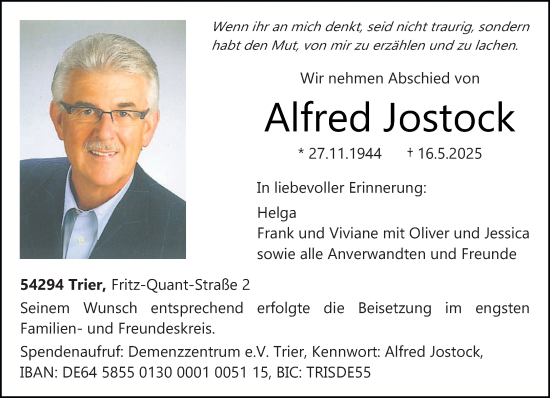 Todesanzeige von Alfred Jostock von trierischer_volksfreund