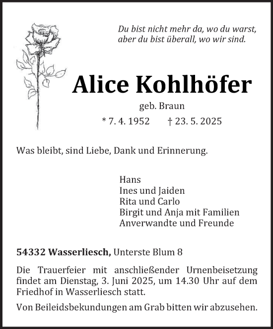 Todesanzeige von Alice Kohlhöfer von trierischer_volksfreund