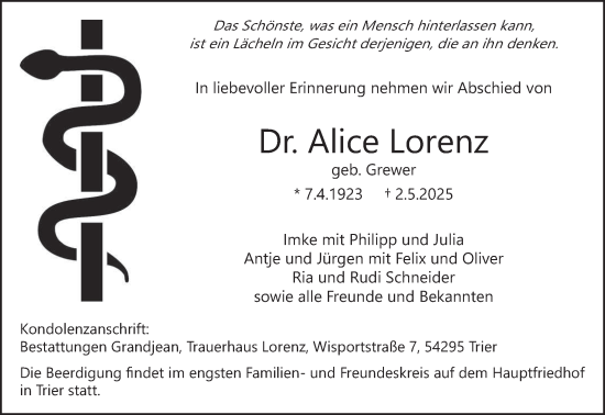 Todesanzeige von Alice Lorenz von trierischer_volksfreund