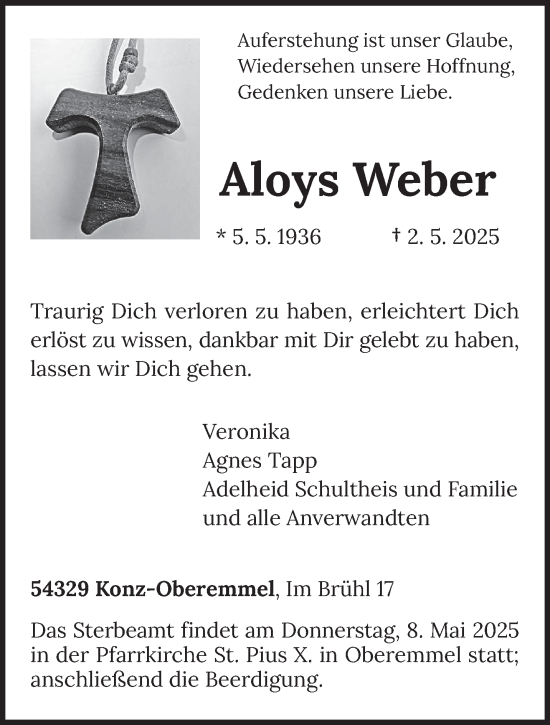 Todesanzeige von Aloys Weber von trierischer_volksfreund