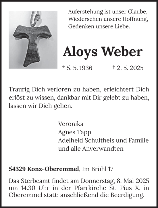 Todesanzeige von Aloys Weber von trierischer_volksfreund