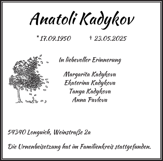 Todesanzeige von Anatoli Kadykov von trierischer_volksfreund