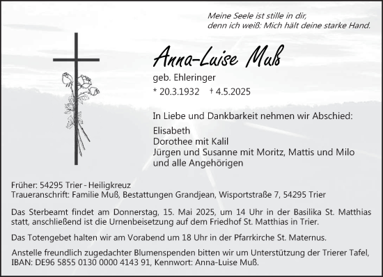 Todesanzeige von Anna-Luise Muß von trierischer_volksfreund