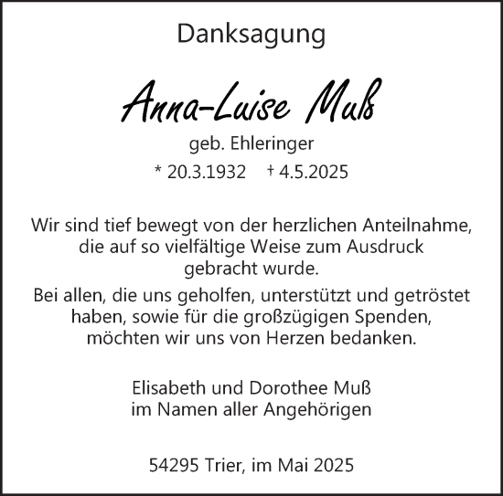Todesanzeige von Anna-Luise Muß von trierischer_volksfreund