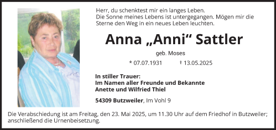 Todesanzeige von Anna Sattler von trierischer_volksfreund
