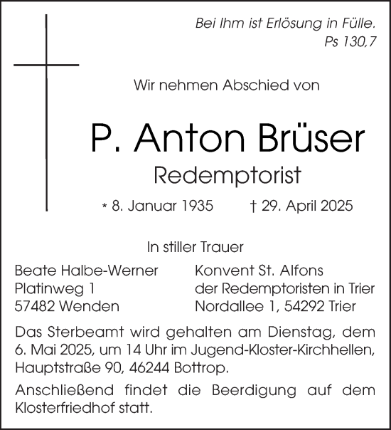 Todesanzeige von Anton Brüser von trierischer_volksfreund