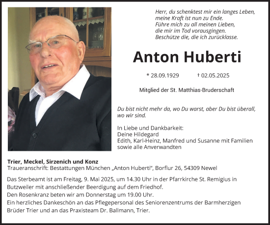 Todesanzeige von Anton Huberti von trierischer_volksfreund