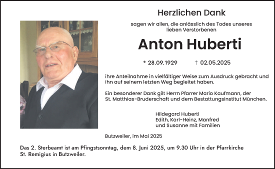 Todesanzeige von Anton Huberti von trierischer_volksfreund
