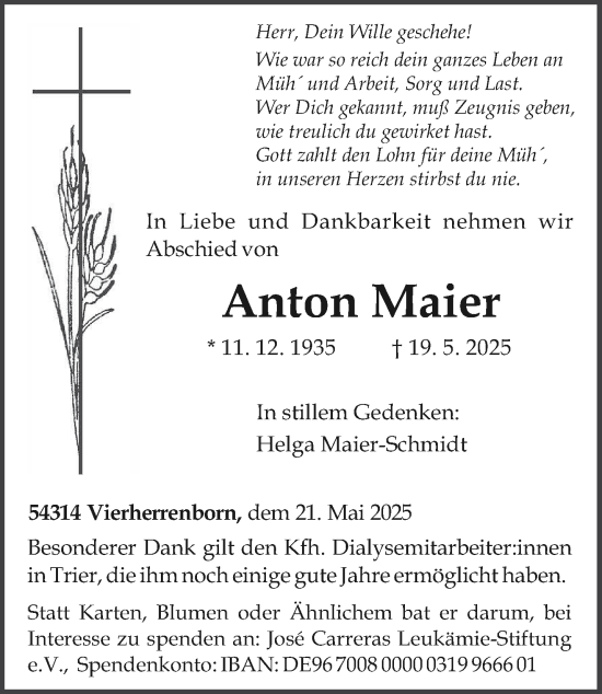 Todesanzeige von Anton Maier von trierischer_volksfreund