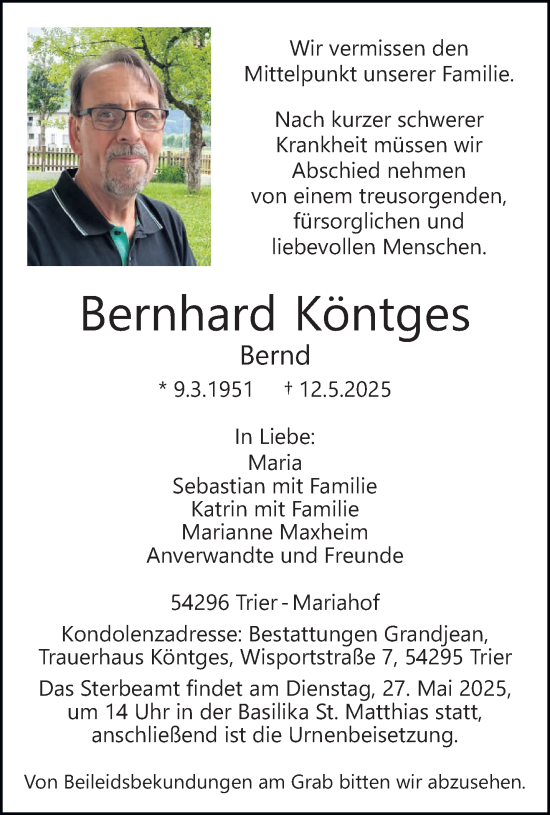 Todesanzeige von Bernhard Köntges von trierischer_volksfreund