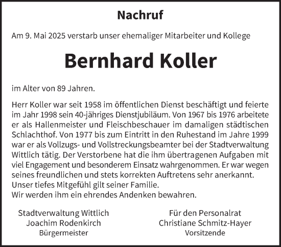 Todesanzeige von Bernhard Koller von trierischer_volksfreund