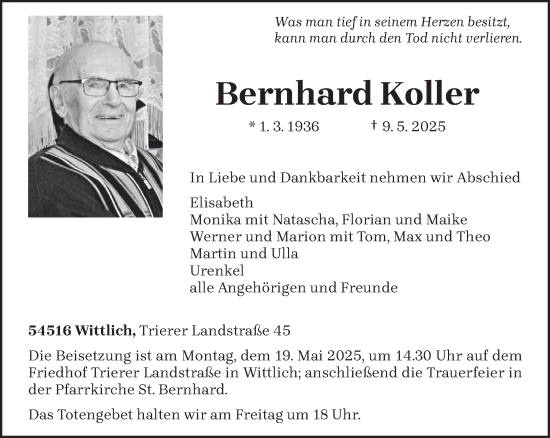 Todesanzeige von Bernhard Koller von trierischer_volksfreund