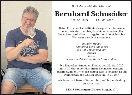 Todesanzeige von Bernhard Schneider von trierischer_volksfreund