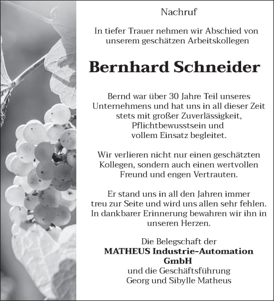 Todesanzeige von Bernhard Schneider von trierischer_volksfreund