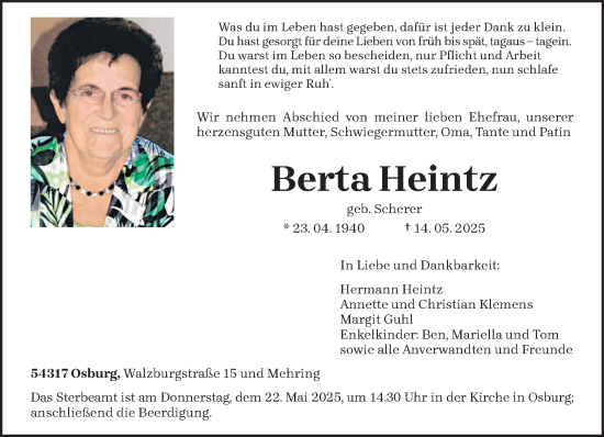 Todesanzeige von Berta Heintz von trierischer_volksfreund