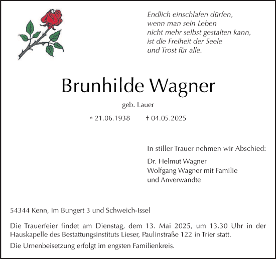 Todesanzeige von Brunhilde Wagner von trierischer_volksfreund