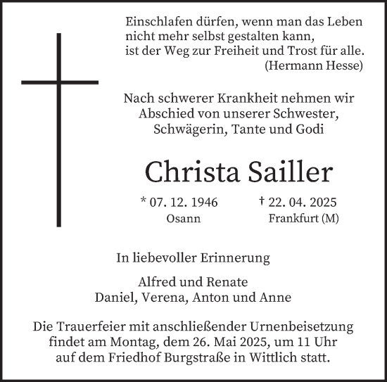 Todesanzeige von Christa Sailler von trierischer_volksfreund