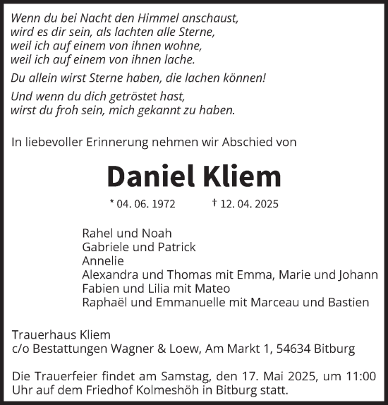 Todesanzeige von Daniel Kliem von trierischer_volksfreund